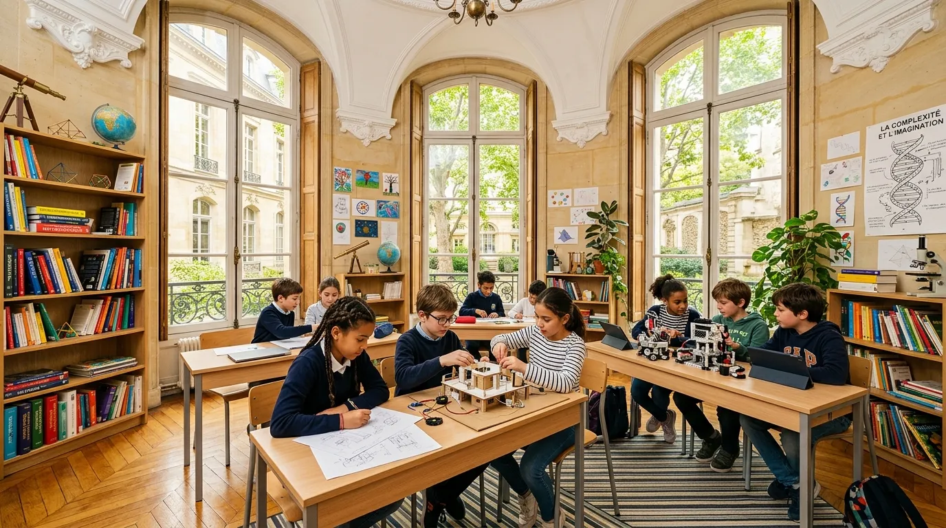 Élèves travaillant sur des projets scientifiques dans une salle lumineuse