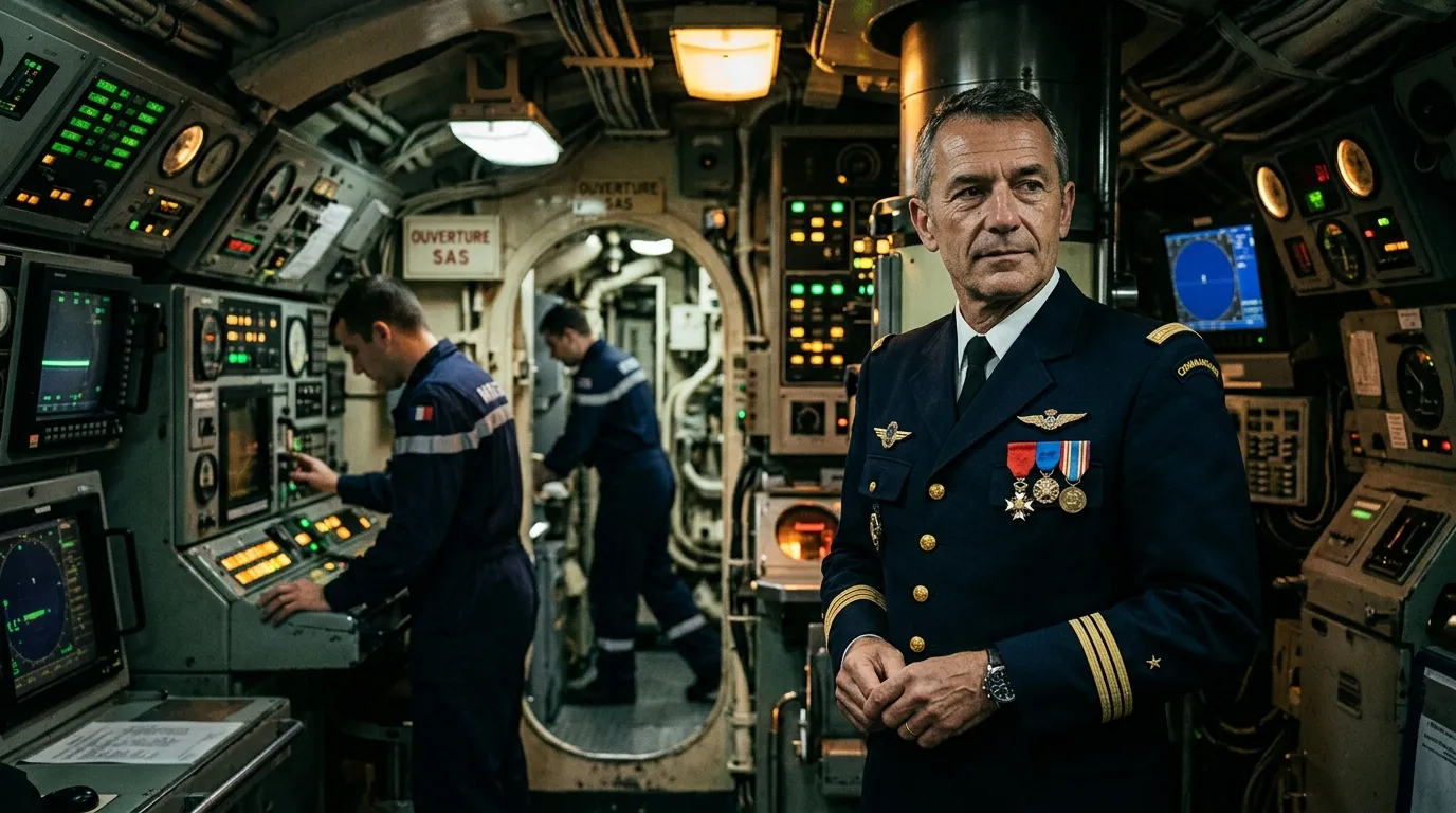 Officier militaire en uniforme dans cockpit de sous-marin nucl&eacute;aire