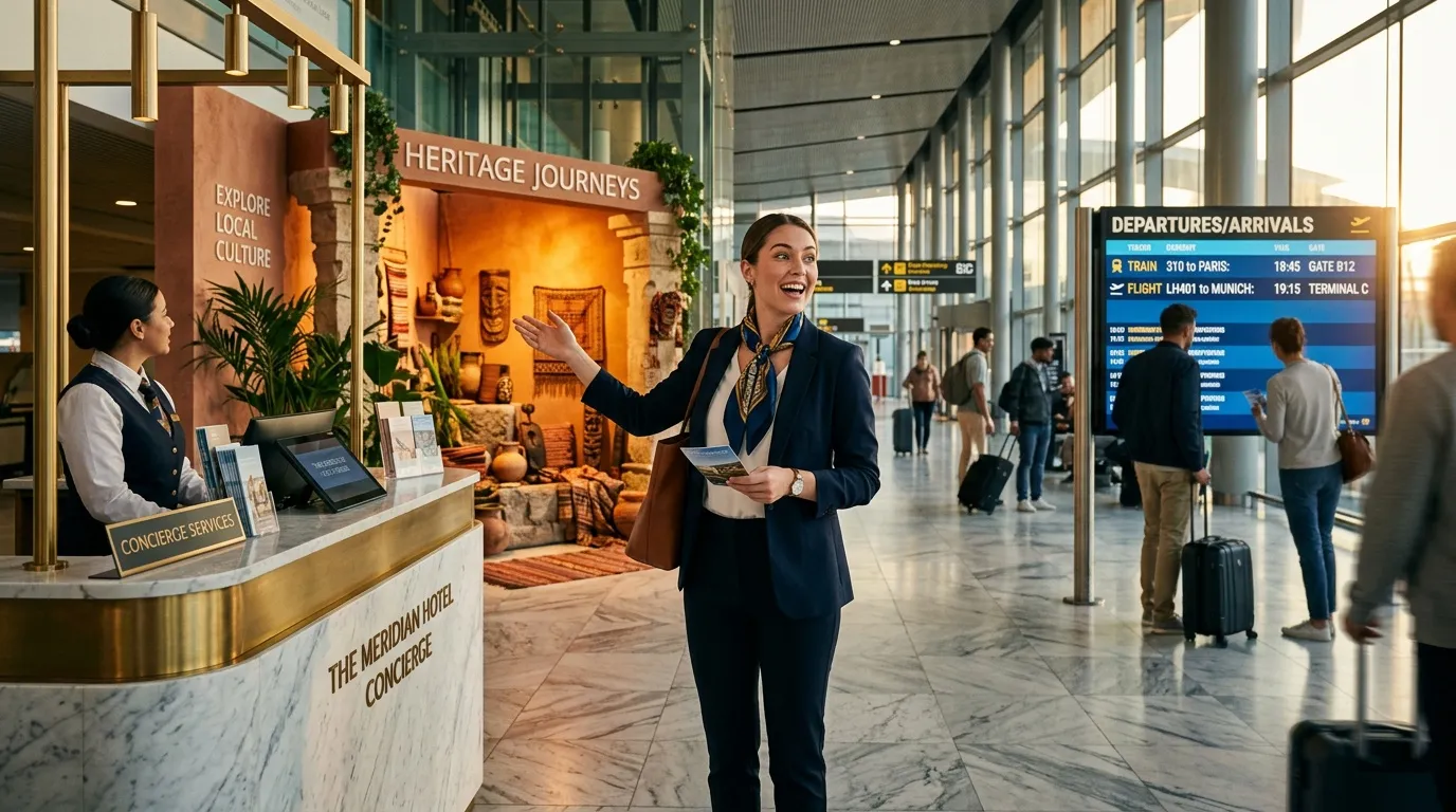 Femme en uniforme professionnel accueille les voyageurs &agrave; la conciergerie