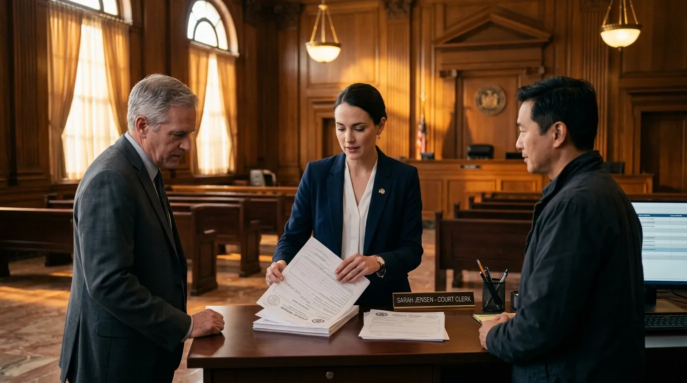 Trois professionnels discutent documents dans une salle d'audience