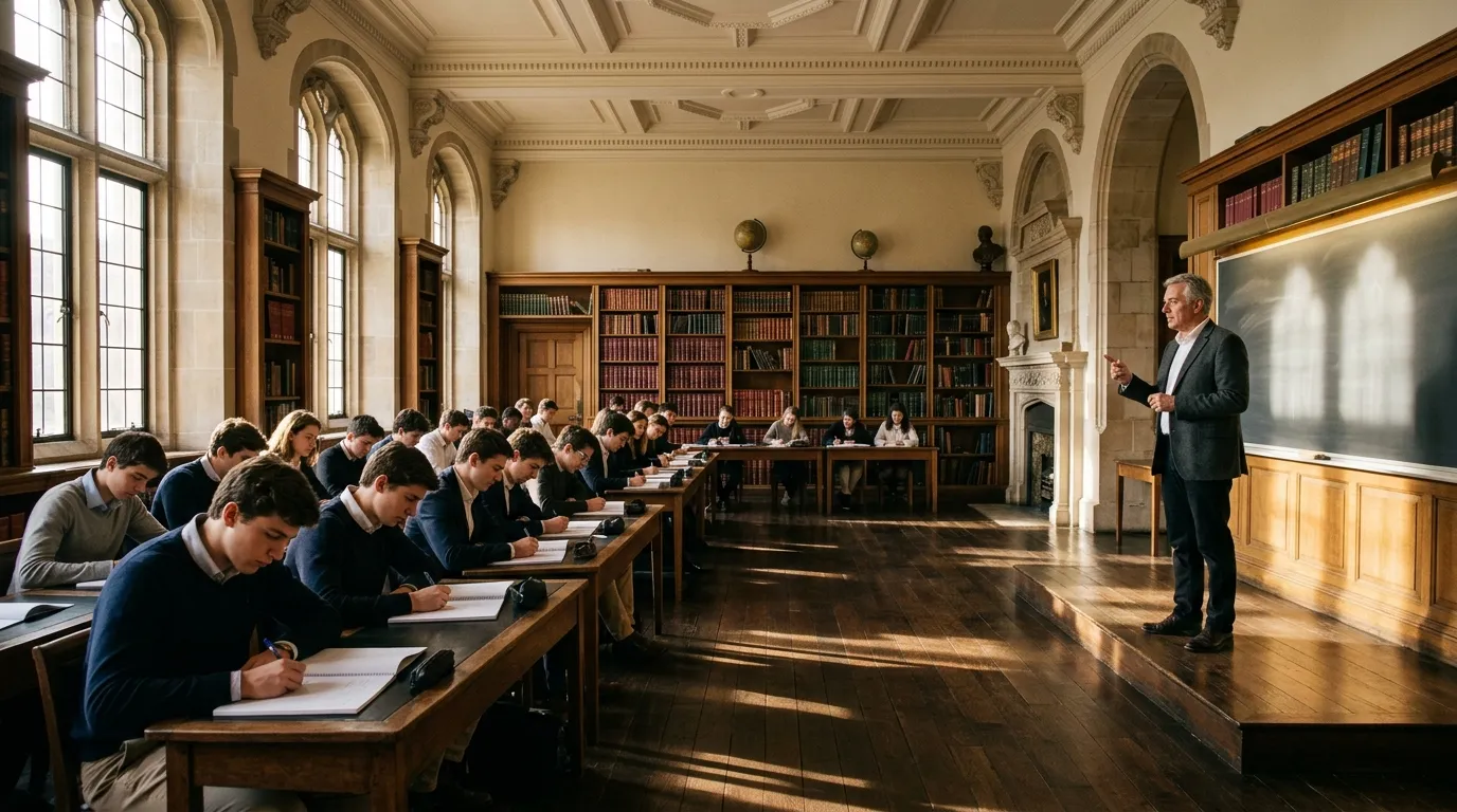 Professeur donnant cours à des étudiants dans une salle historique avec bibliothèques