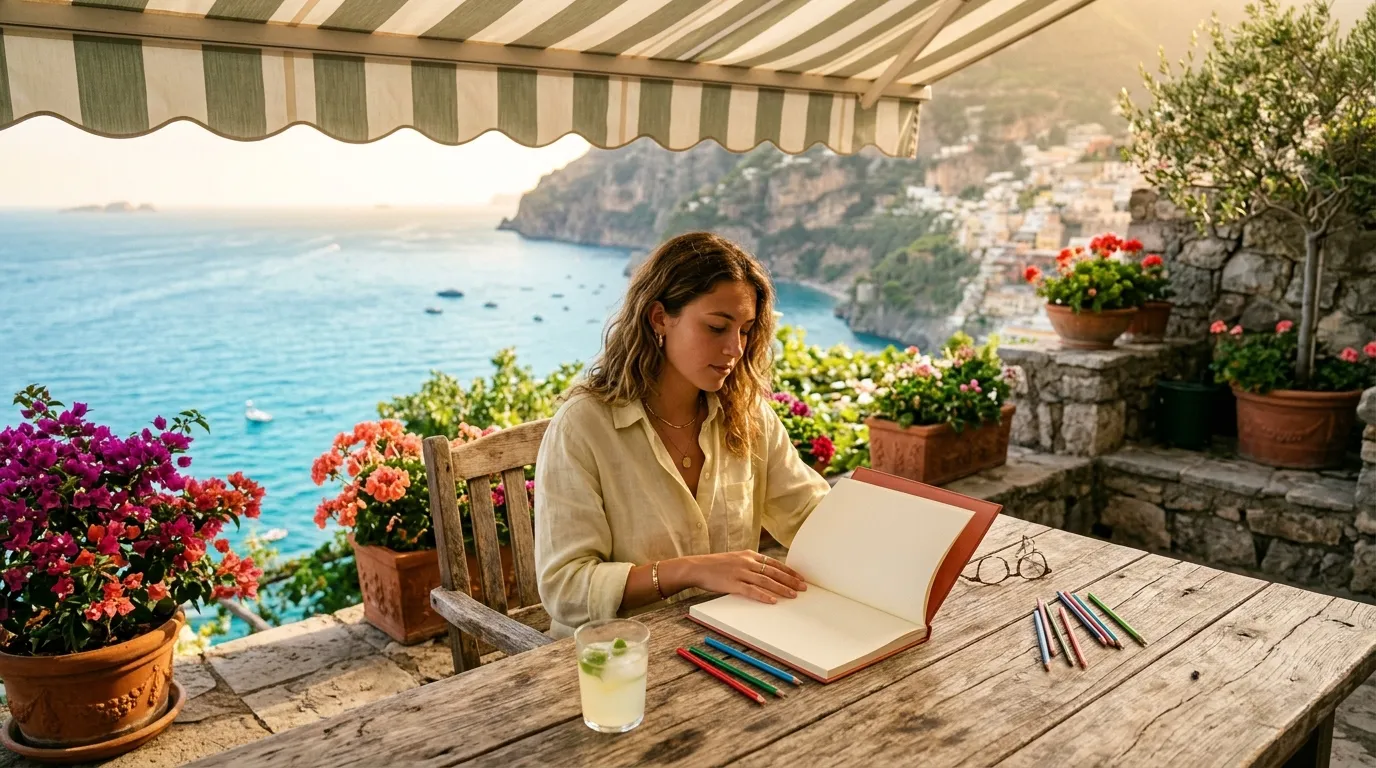 Femme écrivant à une table surplombant la mer Méditerranée