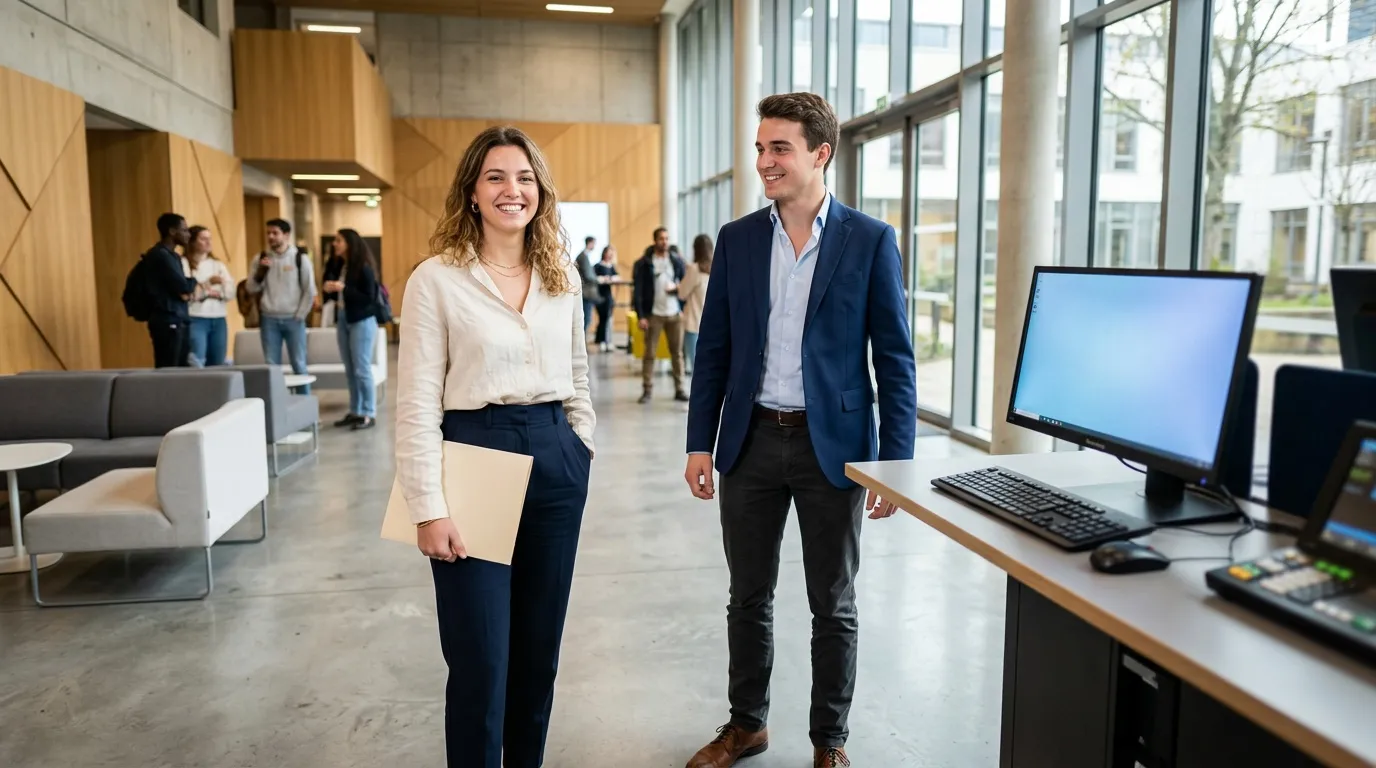 Deux jeunes professionnels marchent dans un couloir de bureau lumineux