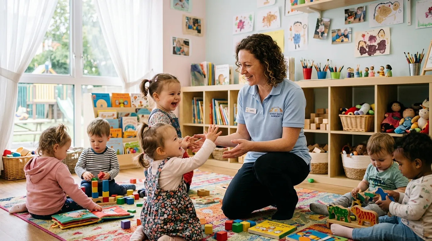 Éducatrice joue avec enfants en bas âge dans une salle colorée