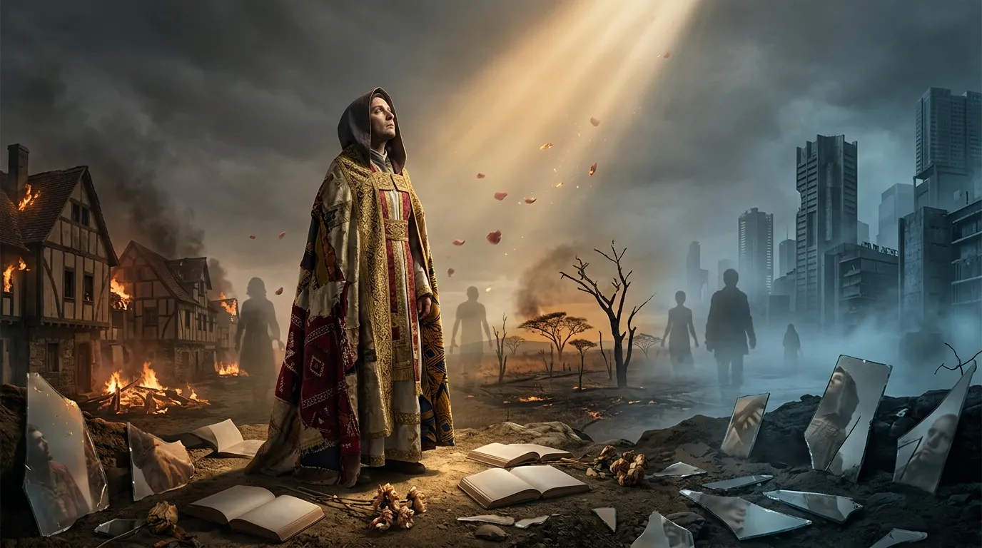 Femme en robe dor&eacute;e contemple paysage post-apocalyptique d&eacute;vast&eacute;