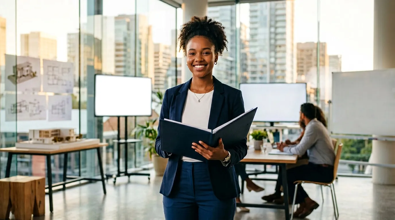Femme professionnelle souriante tenant un dossier en bureau hightech