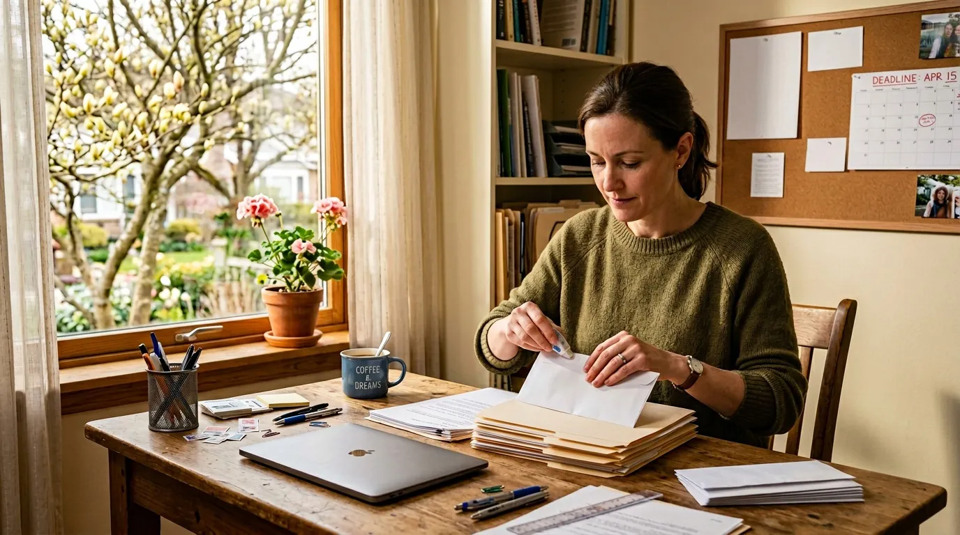 Femme en pull kaki triant des documents &agrave; son bureau