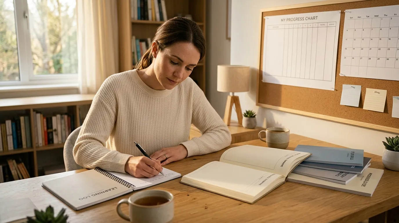 Femme &eacute;crivant dans un carnet &agrave; son bureau lumineux et organis&eacute;