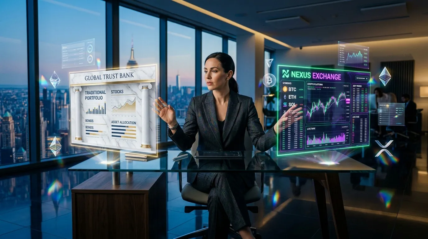 Femme présentant données financières et trading crypto en hologramme