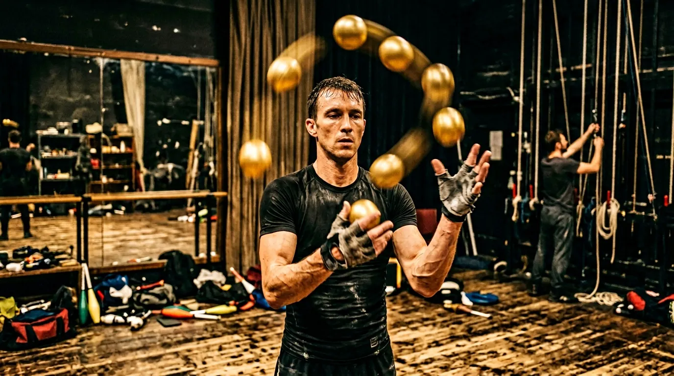 Homme jongle avec des balles dor&eacute;es dans un cirque
