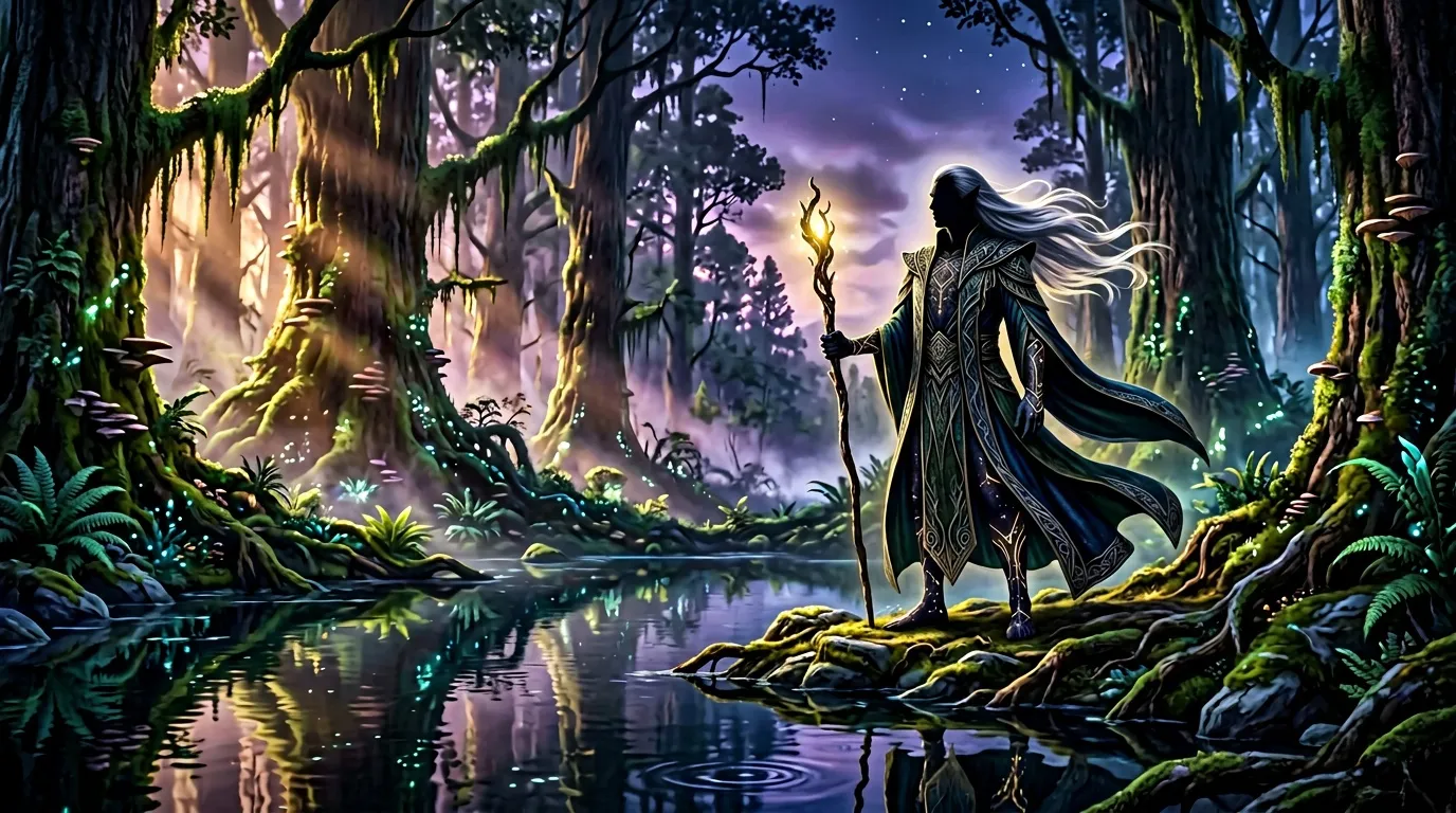 Mage en robe noire tenant un bâton lumineux dans une forêt mystique.