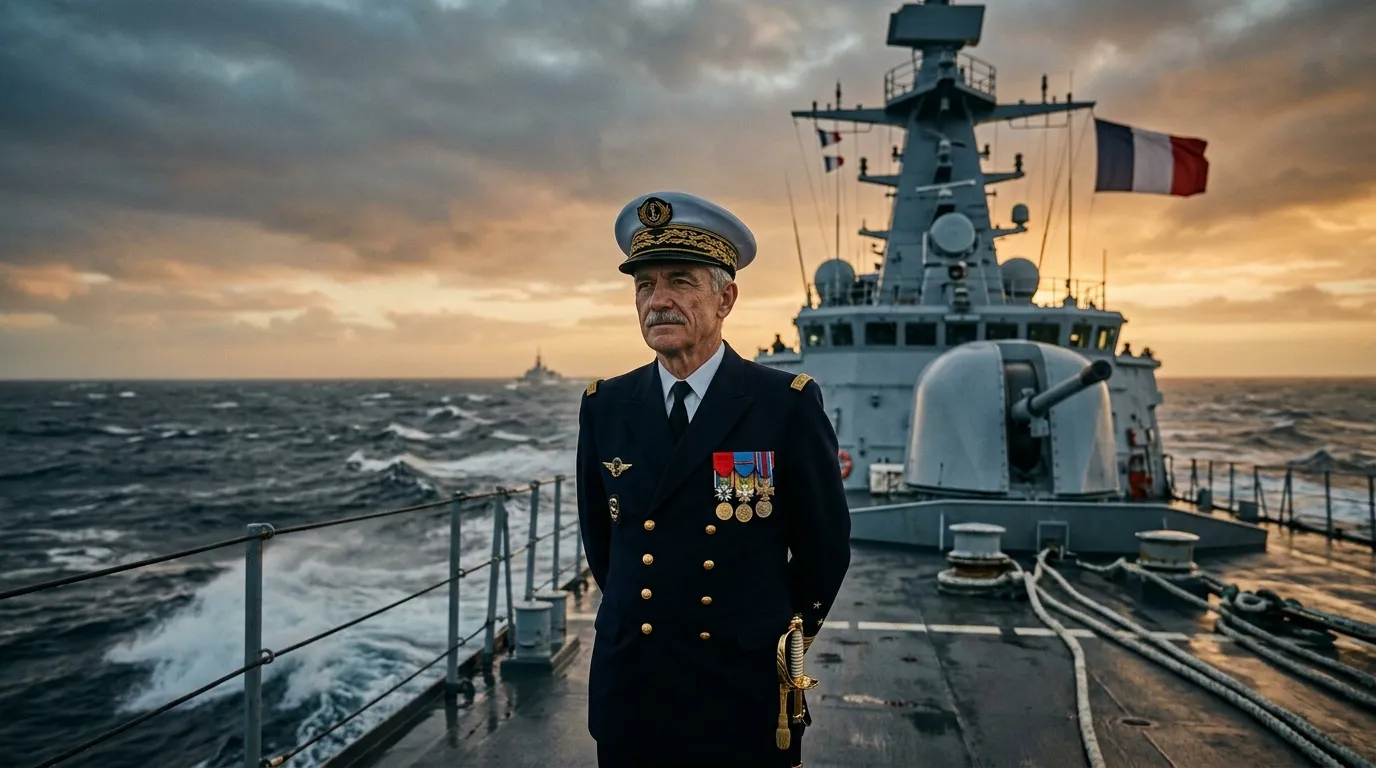 Commandant français en uniforme devant navire militaire
