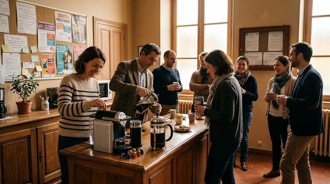 Groupe de personnes partageant un caf&eacute; dans une salle de r&eacute;union
