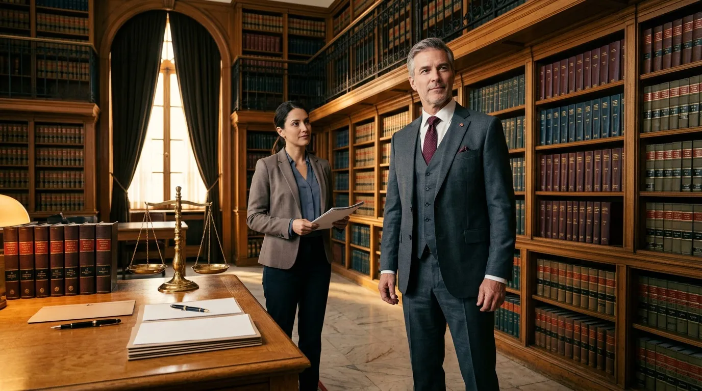 Deux avocats dans une bibliothèque juridique avec livres de lois