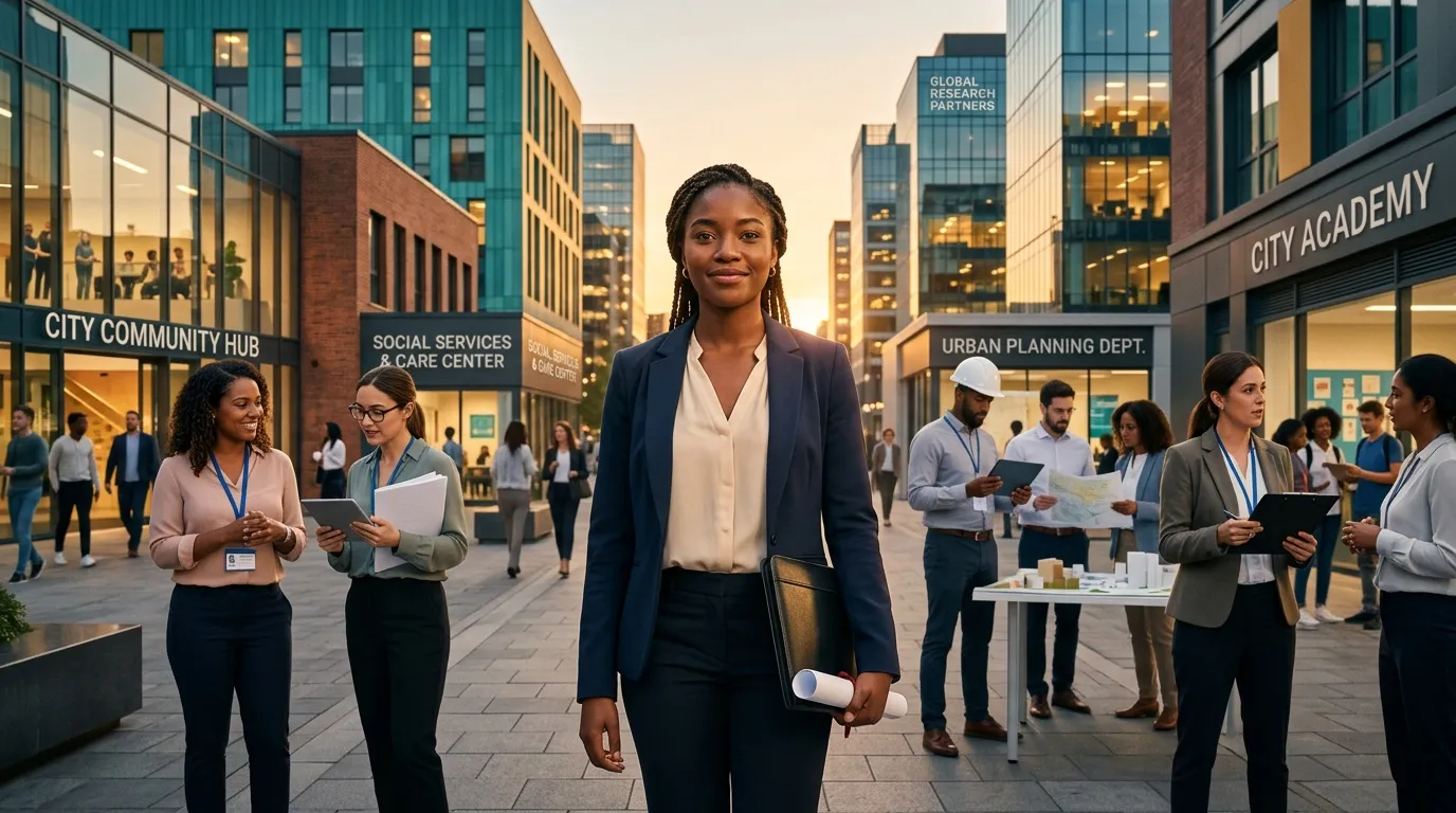 Femme d'affaires souriante dans un environnement urbain professionnel