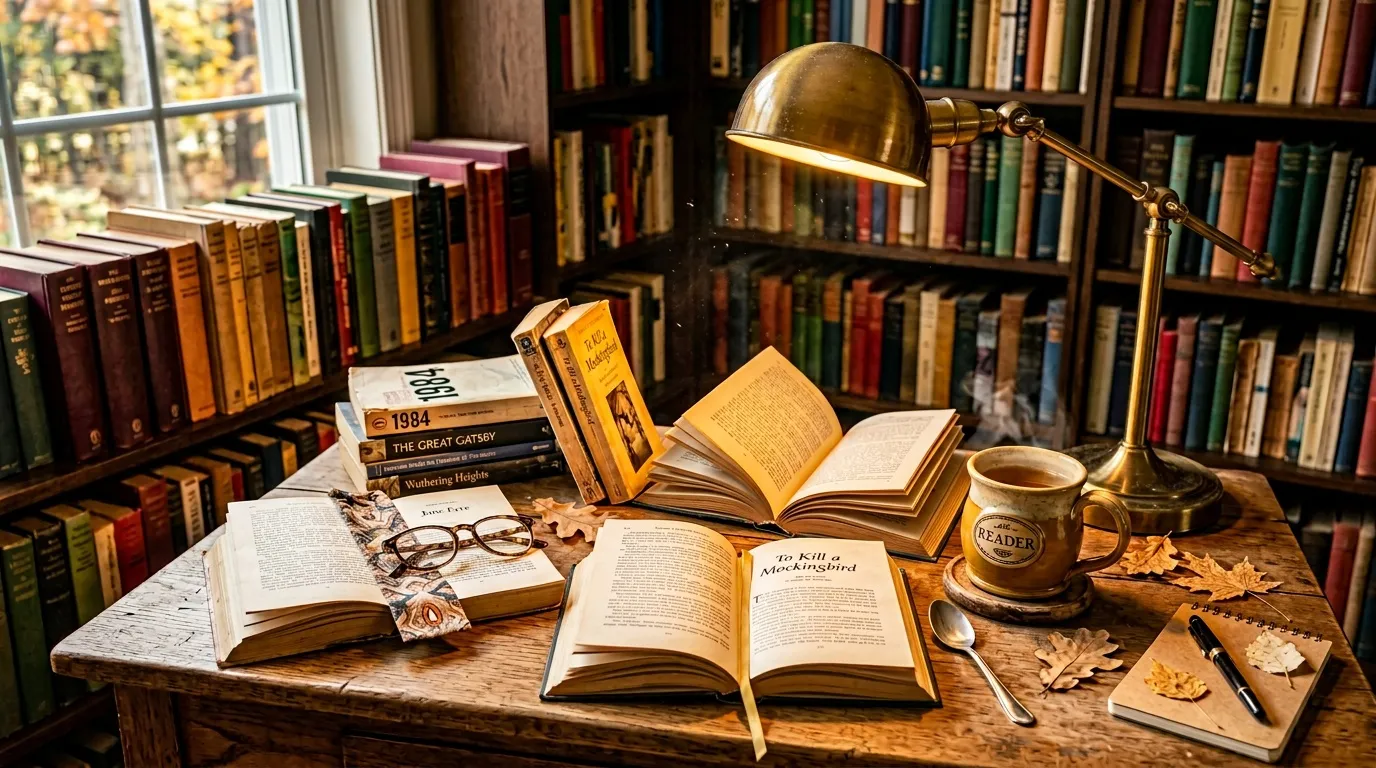 Bureau de lecture avec livres, lampe dorée et feuilles d'automne
