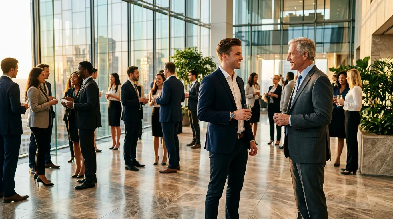 Professionnels en costume discutent lors d'un &eacute;v&eacute;nement corporate moderne