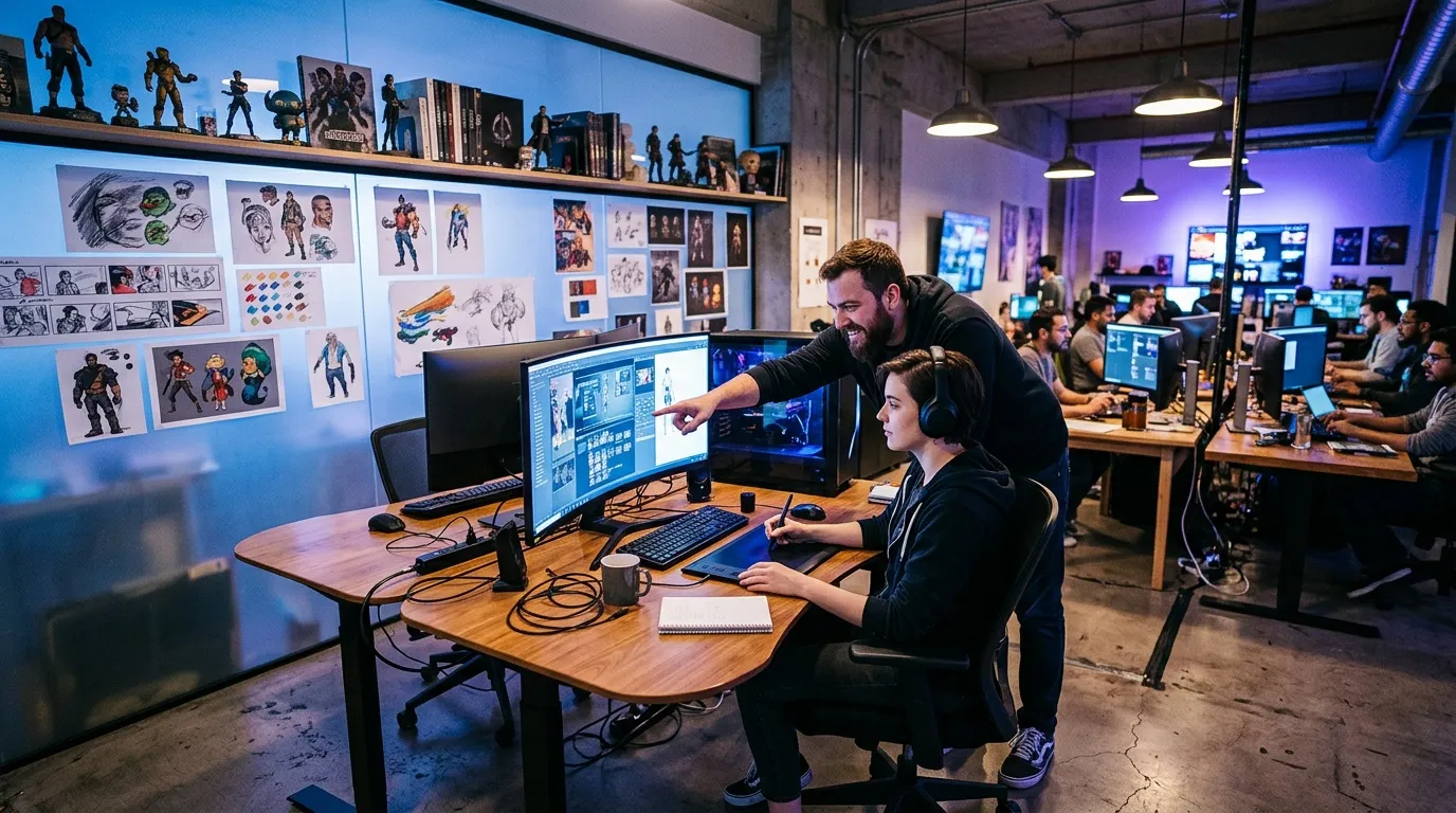 Développeurs travaillant sur conception jeu vidéo en studio