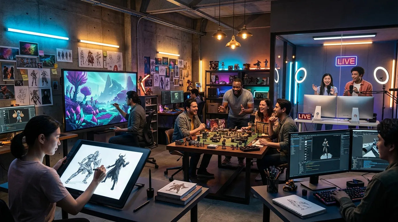 &Eacute;quipe d&eacute;veloppeurs dans studio gaming avec &eacute;crans et jeux