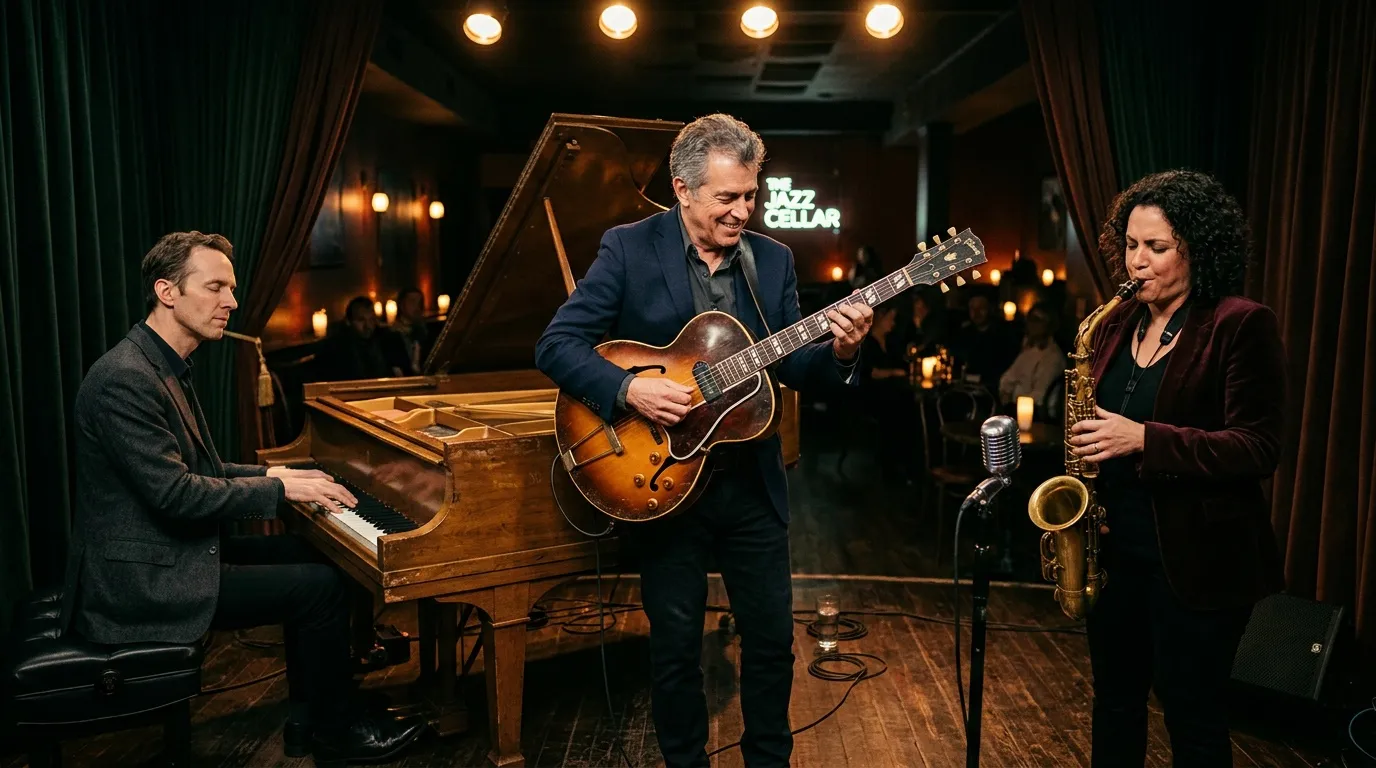 Trois musiciens jouent du jazz en studio avec piano, guitare et saxophone.