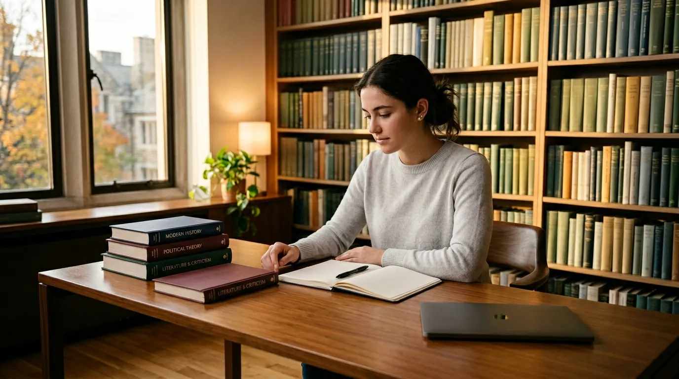 Jeune femme étudiant à un bureau dans une bibliothèque universitaire