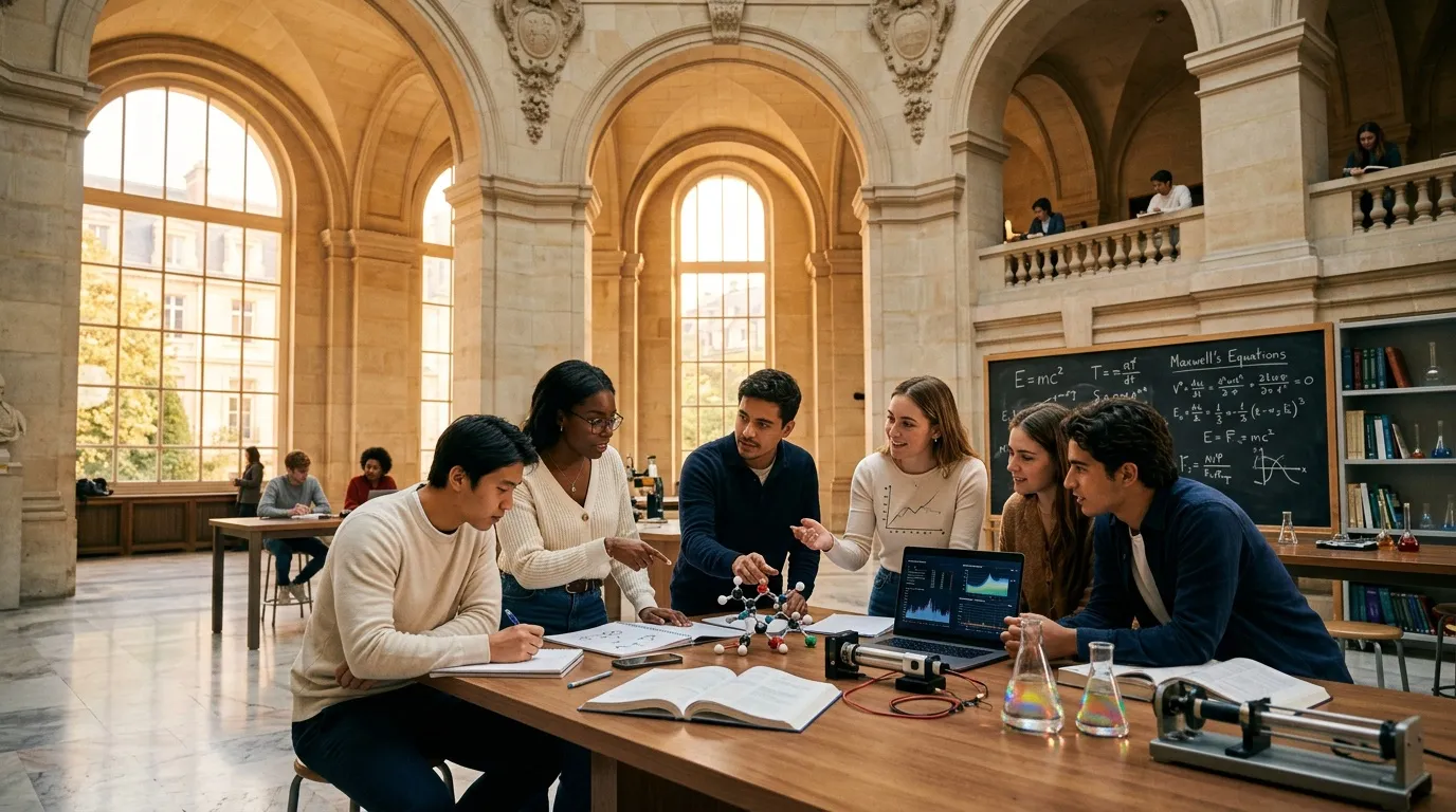 Groupe d'&eacute;tudiants &eacute;tudiant ensemble autour d'une table en biblioth&egrave;que