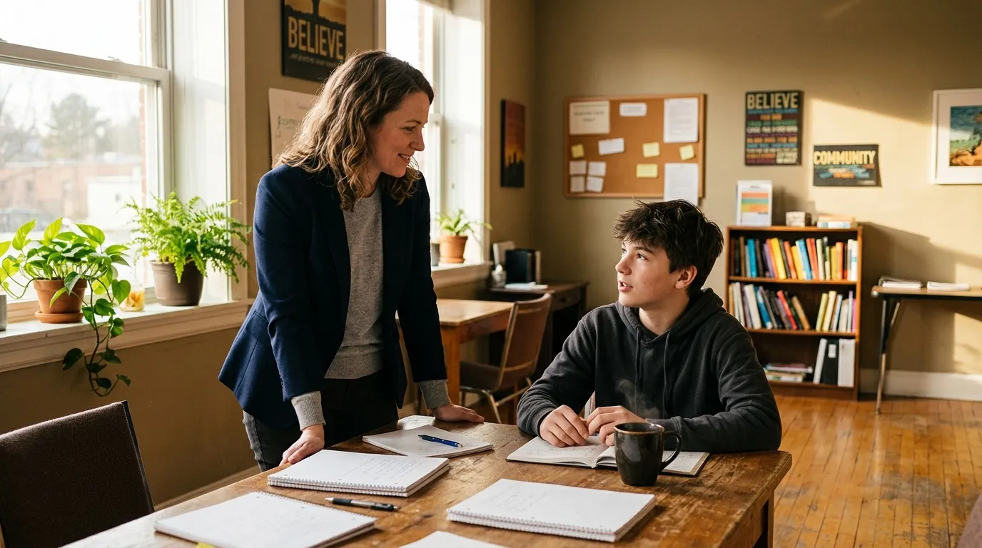 Femme et jeune gar&ccedil;on discutent autour d'une table de travail.