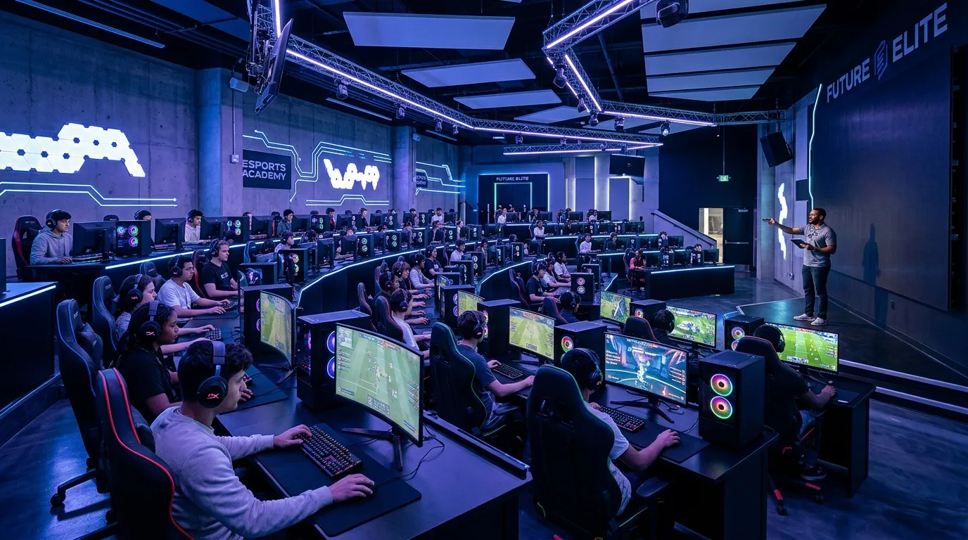 Salle d'entraînement esports avec plusieurs joueurs à des ordinateurs