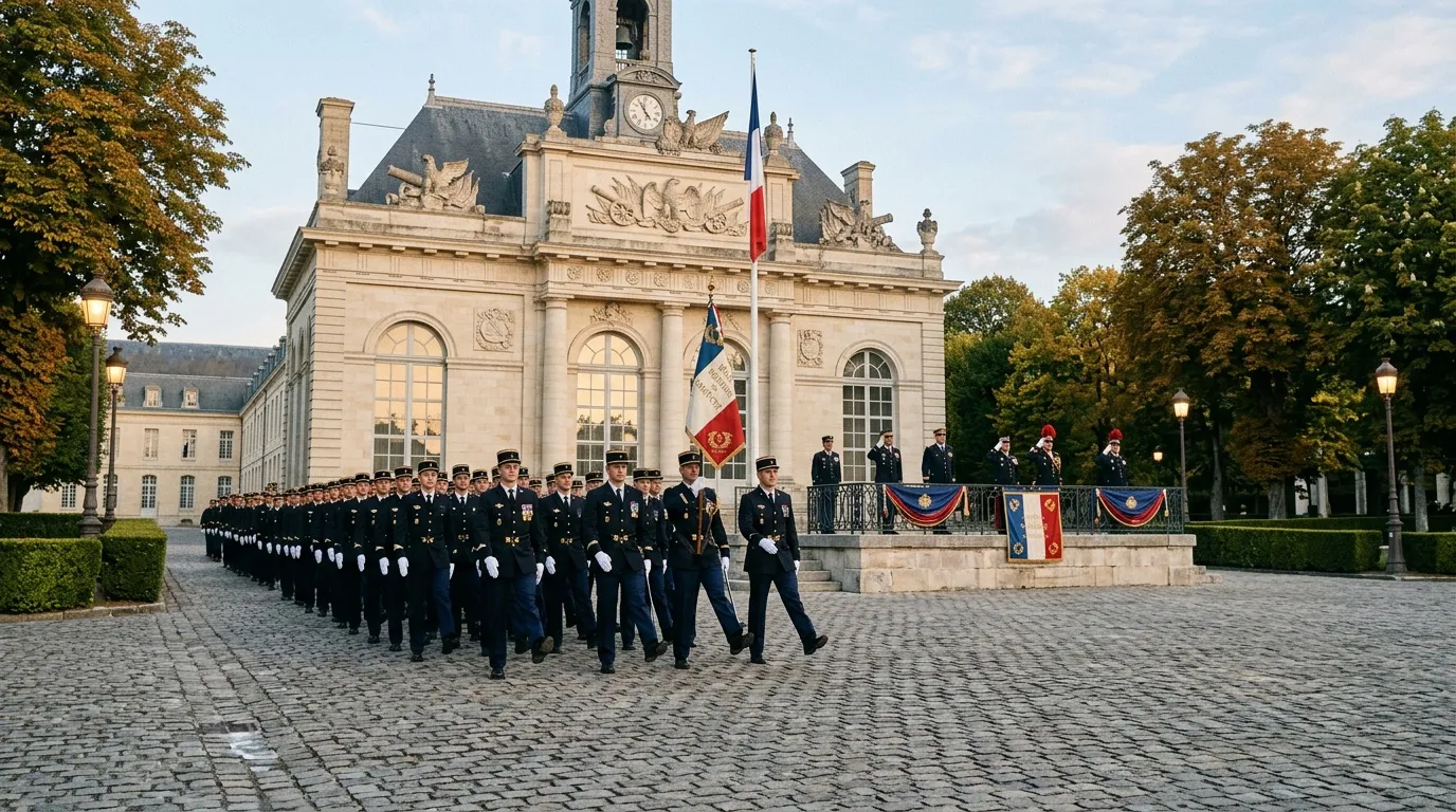 Officiers militaires en uniforme devant bâtiment administratif français