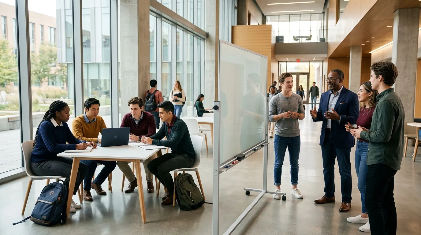 &Eacute;tudiants en groupe de travail et discussion dans campus moderne