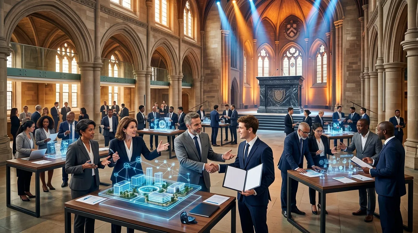 Professionnels discutent projets numériques dans édifice religieux historique