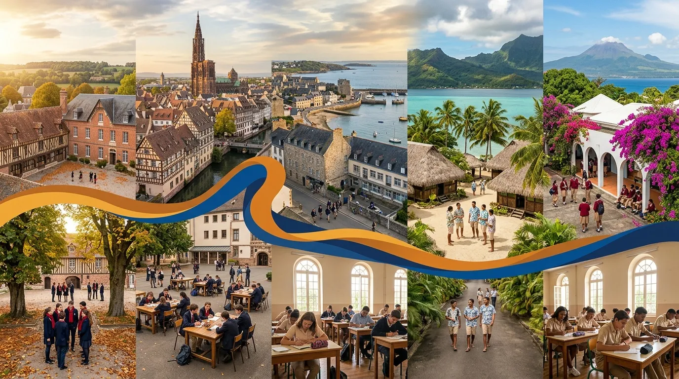 Collage montrant &eacute;coles et paysages de diff&eacute;rentes r&eacute;gions du monde