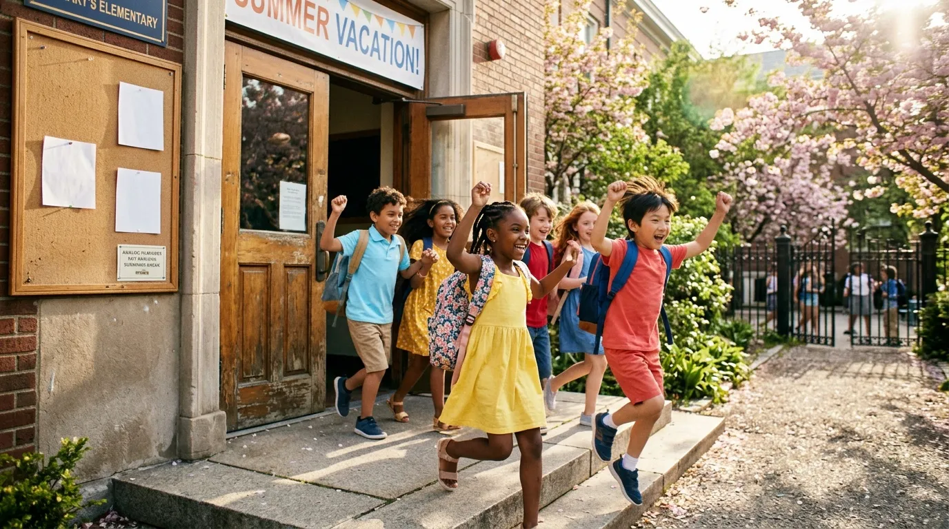 Groupe d'enfants joyeux sortant de l'école en courant