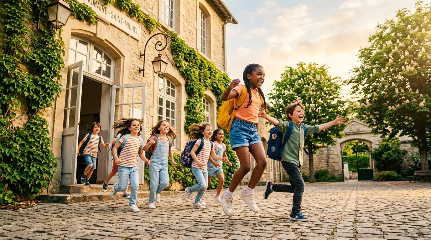 Groupe d'enfants courant joyeusement dans une cour pavée bordée de bâtiments en pierre