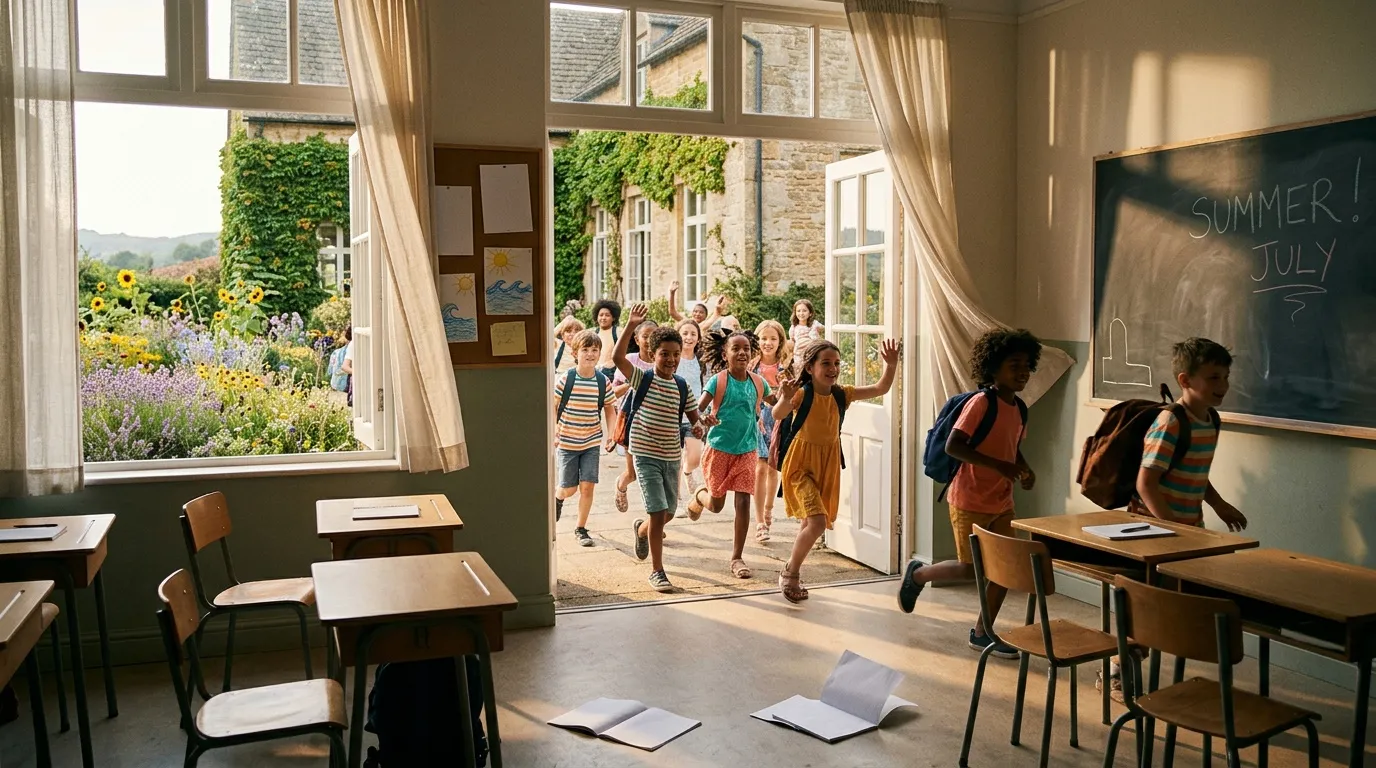 Groupe d'enfants sortant joyeusement d'une école en été