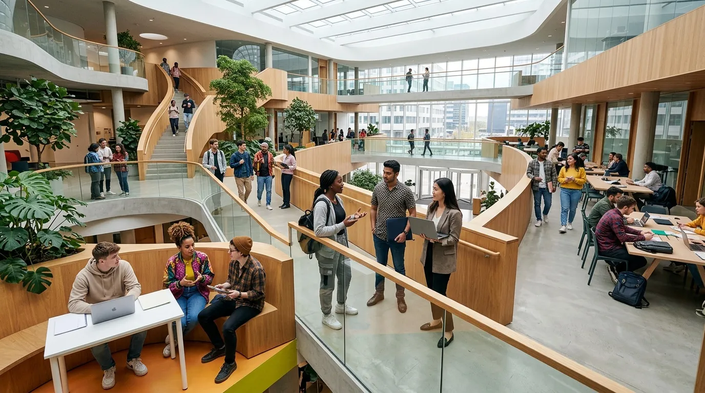 Int&eacute;rieur d'un b&acirc;timent avec escaliers courbes et espaces de travail partag&eacute;s