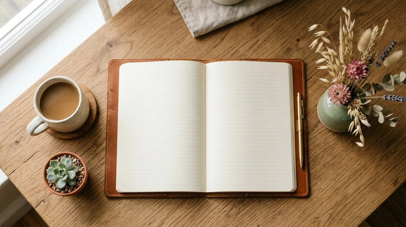 Carnet ouvert sur bureau en bois avec café et fleurs séchées