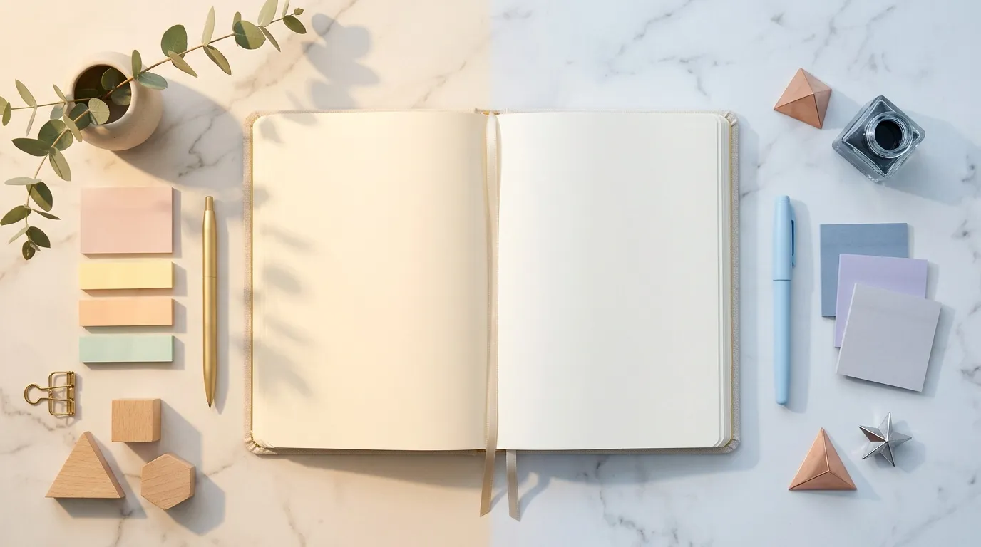 Carnet ouvert avec fournitures de bureau sur marbre