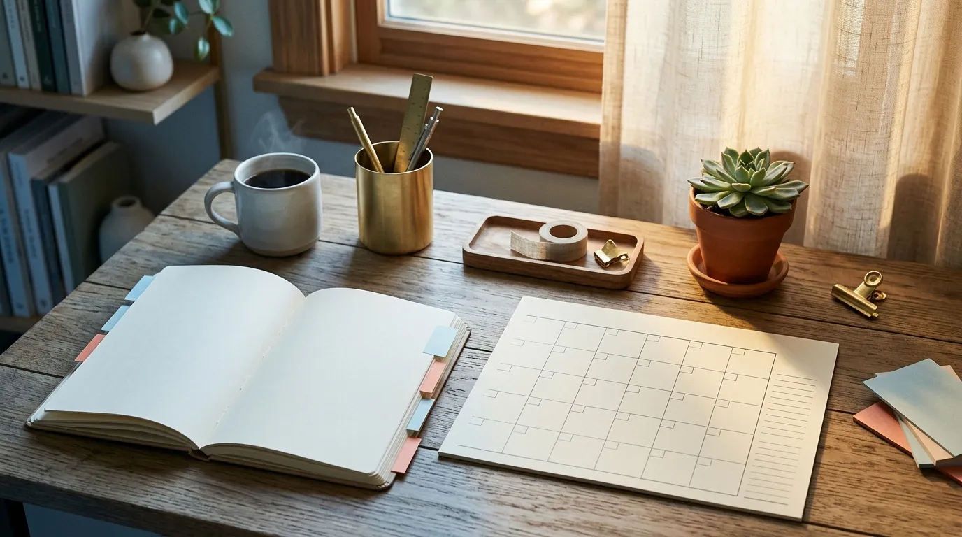 Bureau avec agenda, café, plante succulente et fournitures de bureau.