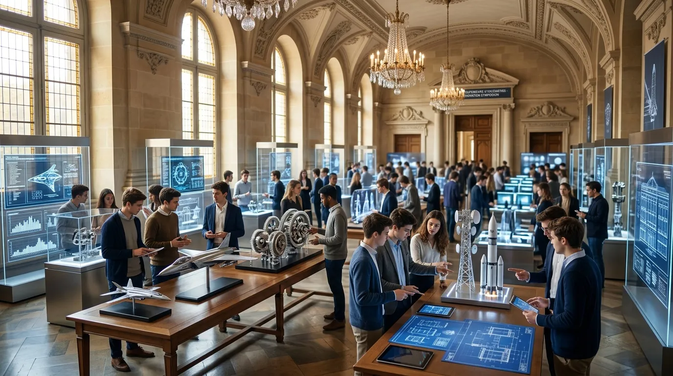 Foule visitant une exposition technologique dans un b&acirc;timent n&eacute;oclassique &eacute;l&eacute;gant