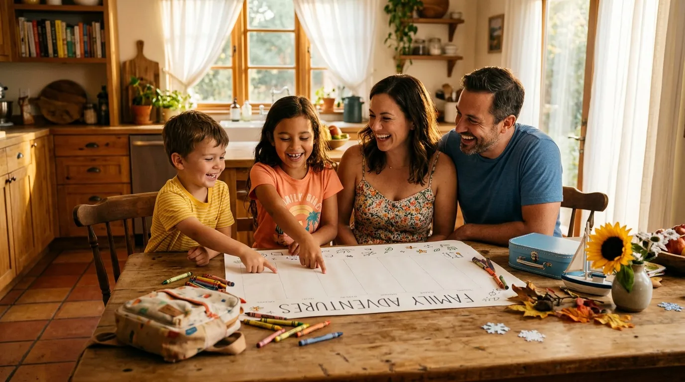 Famille heureuse dessinant ensemble à la table de cuisine