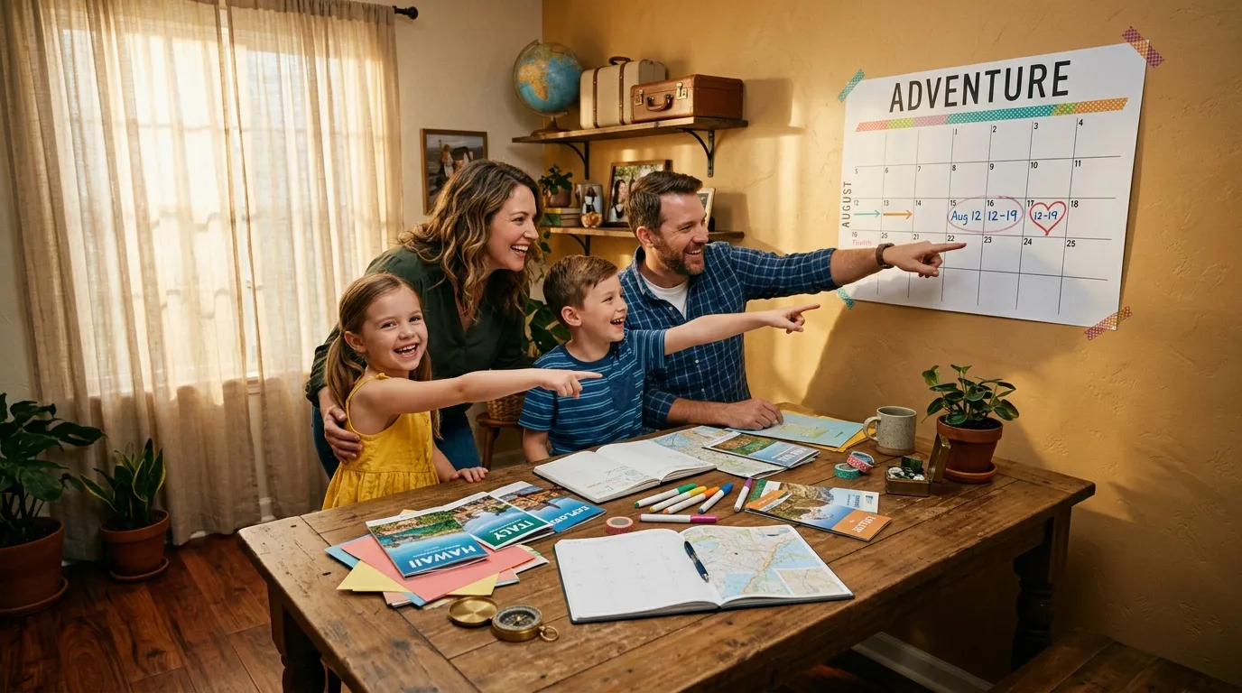 Famille pointant calendar adventure, planning voyage ensemble