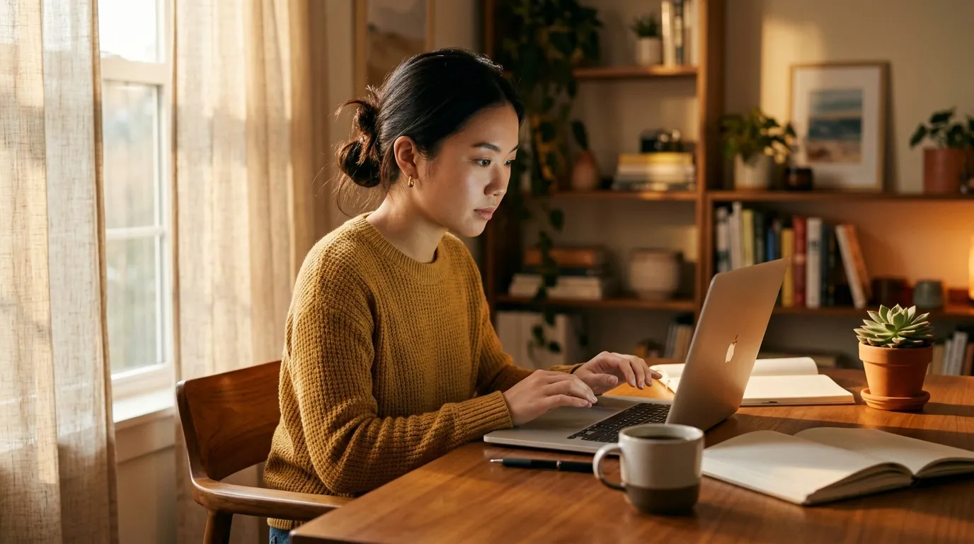 Femme en pull jaune travaillant sur laptop à son bureau