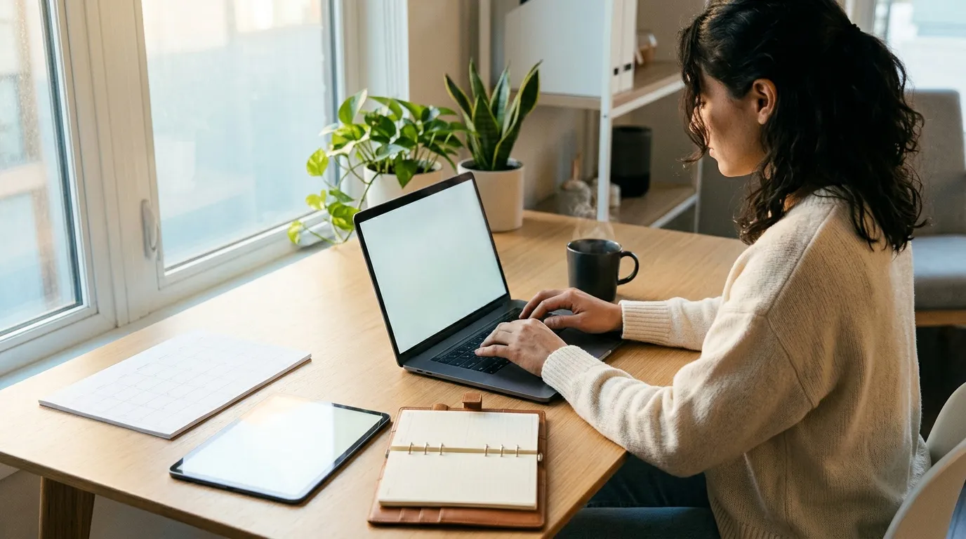 Femme tapant sur un ordinateur portable à son bureau