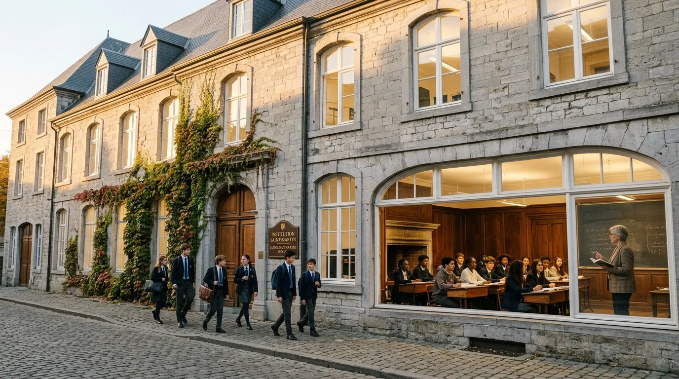 &Eacute;tudiants en uniforme devant b&acirc;timent pierre avec cours visible