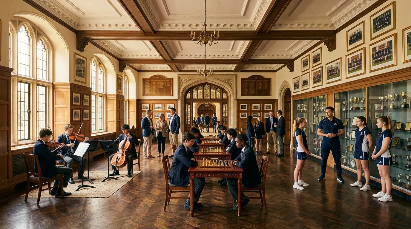 &Eacute;tudiants en uniforme bleu pratiquent musique et &eacute;checs dans hall classique.