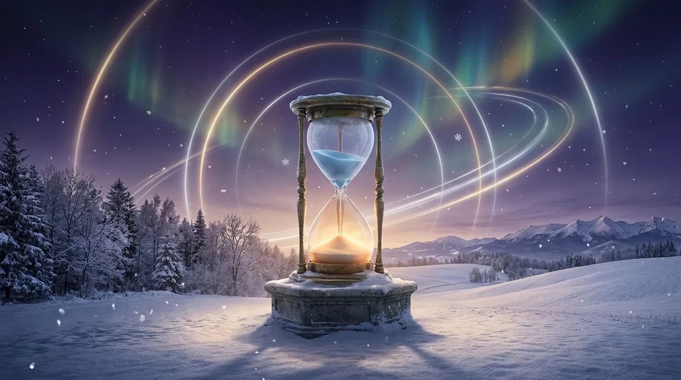 Sablier magique dans paysage enneig&eacute; hivernal avec aurores bor&eacute;ales