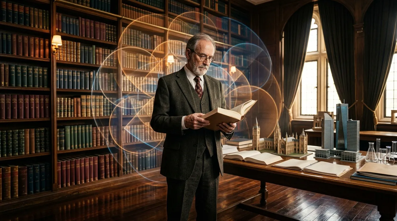 Homme &acirc;g&eacute; lisant dans une biblioth&egrave;que historique avec hologrammes