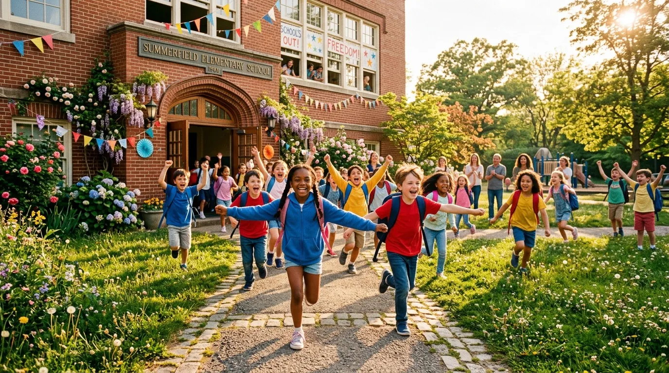 Enfants courant joyeusement devant une école en brique