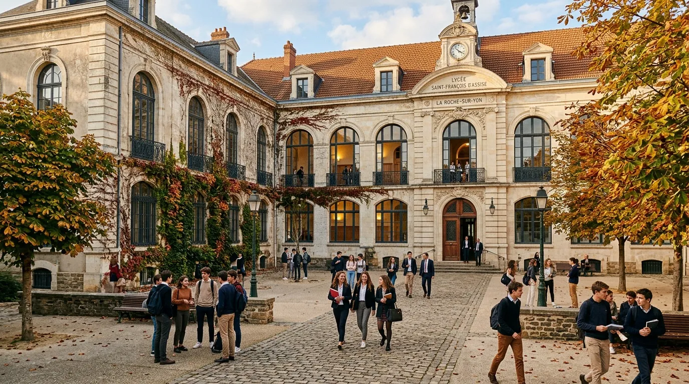 Cour de lycée avec bâtiments historiques et étudiants automne
